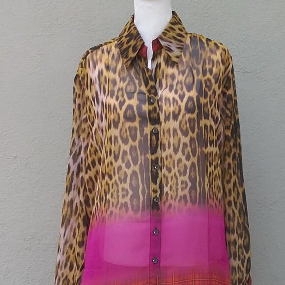 Mishca Blouse Women's Size XL Pink Beige Animal Print Long Sleeve Sheer Preppy - Picture 2 of 6